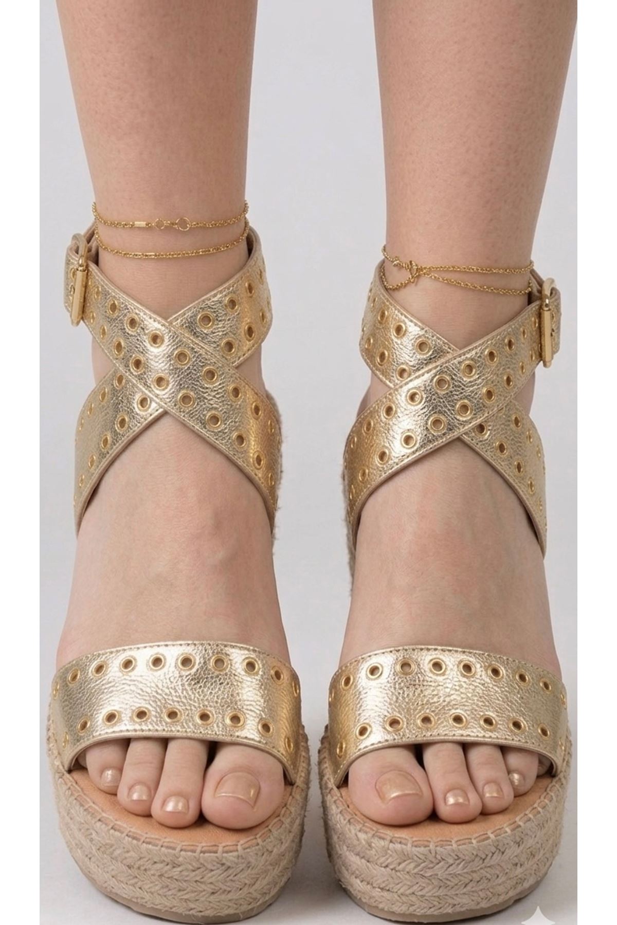 Zımbalı Altın Dolgu Topuk Kadın Espadril Sandalet