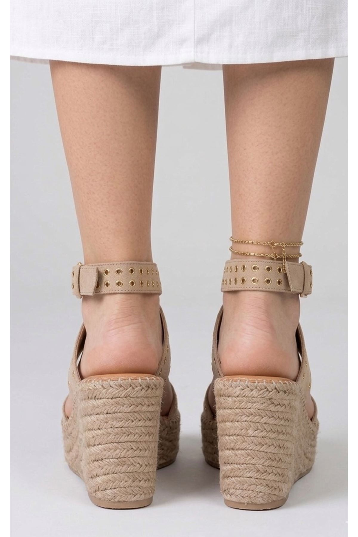 Zımbalı Süet Vizon Dolgu Topuk Kadın Espadril Sandalet