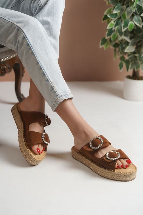Taşlı Tokalı Taba Kadın Espadril  Terlik
