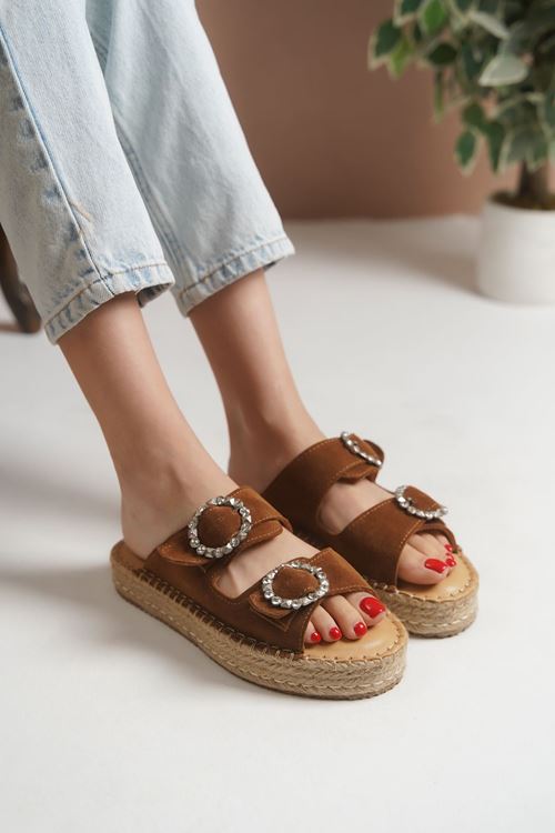 Taşlı Tokalı Taba Kadın Espadril  Terlik