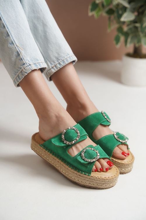Taşlı Tokalı Süet Yeşil Kadın Espadril  Terlik
