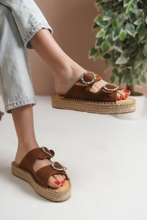 Taşlı Tokalı Taba Kadın Espadril  Terlik