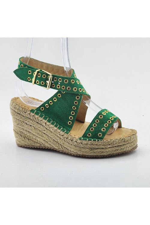 Zımbalı Süet Yeşil Dolgu Topuk Kadın Espadril Sandalet