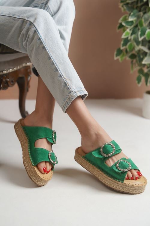Taşlı Tokalı Süet Yeşil Kadın Espadril  Terlik
