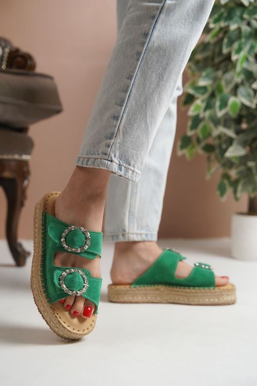 Taşlı Tokalı Süet Yeşil Kadın Espadril  Terlik