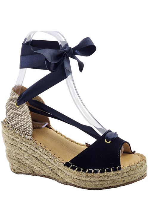 Bilekten Bağlamalı Süet Siyah Dolgu Topuk Kadın Espadril Sandalet