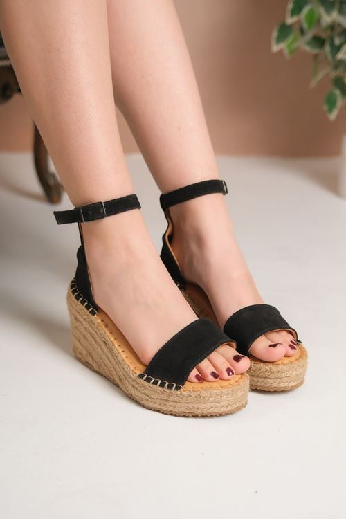 Şık Süet Siyah  Dolgu Topuk Kadın Espadril Sandalet