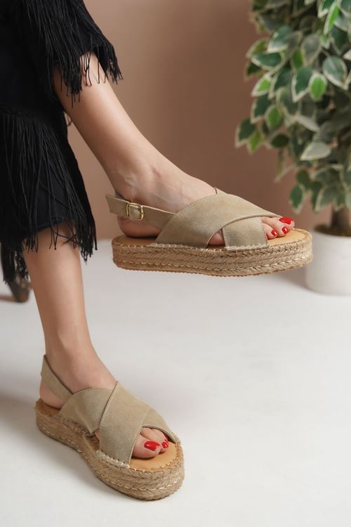 Polonya Süet Vizon Kadın Espadril Sandalet