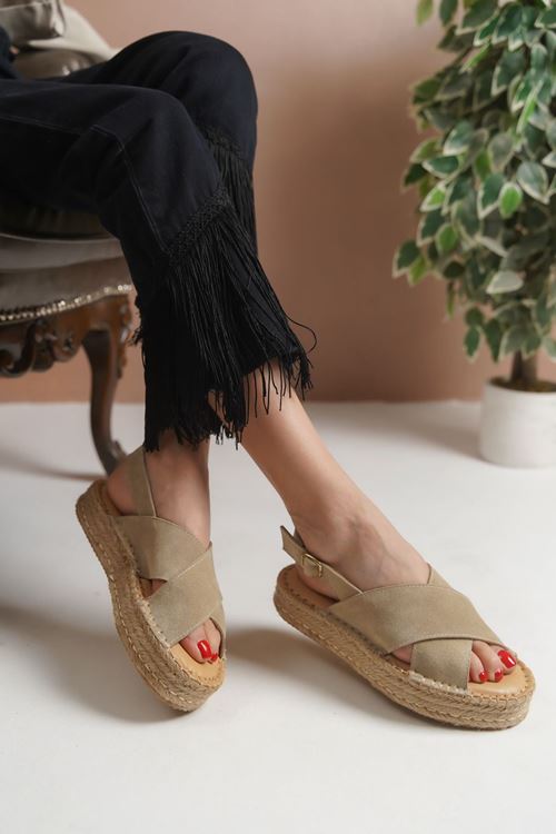 Polonya Süet Vizon Kadın Espadril Sandalet