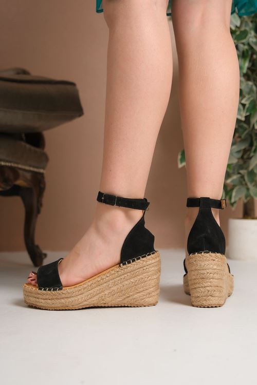 Şık Süet Siyah  Dolgu Topuk Kadın Espadril Sandalet