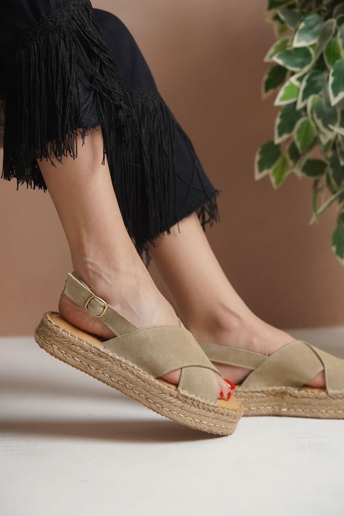 Polonya Süet Vizon Kadın Espadril Sandalet