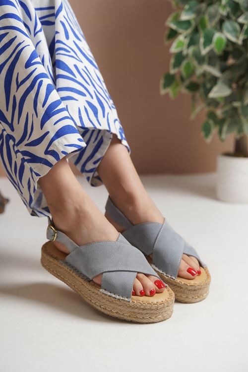 Polonya Süet Petrol Kadın Espadril Sandalet