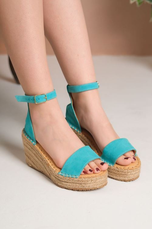 Şık Süet Turkuaz Dolgu Topuk Kadın Espadril Sandalet