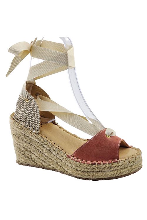 Bilekten Bağlamalı Süet Mercan Dolgu Topuk Kadın Espadril Sandalet