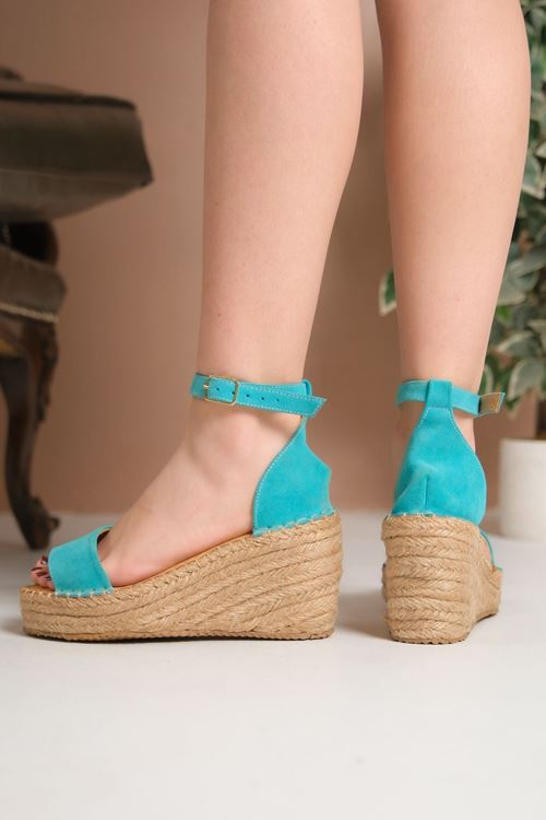 Şık Süet Turkuaz Dolgu Topuk Kadın Espadril Sandalet