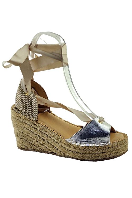 Bilekten Bağlamalı Gümüş  Dolgu Topuk Kadın Espadril Sandalet