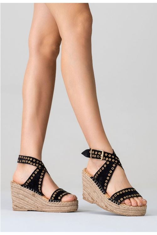 Zımbalı Süet Siyah Dolgu Topuk Kadın Espadril Sandalet