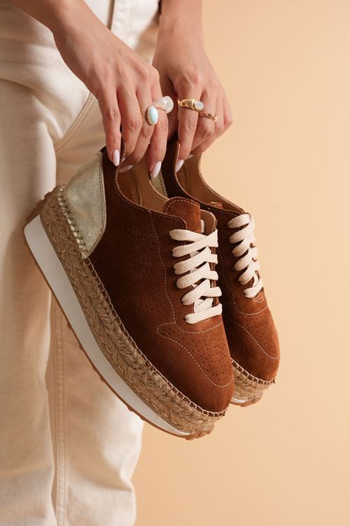 HGN01 Taba Süet & Altın Detaylı Hakiki Deri Sneaker Espadril - kopya