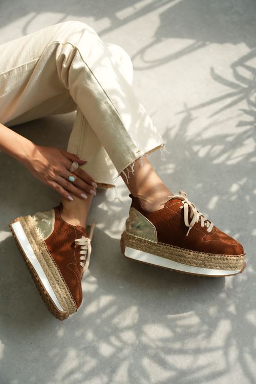HGN01 Taba Süet & Altın Detaylı Hakiki Deri Sneaker Espadril - kopya