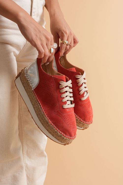 HGN01 Mercan Süet & Gümüş Detaylı Hakiki Deri Sneaker Espadril