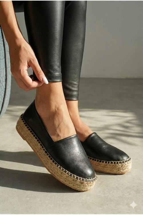 Siyah deri Günlük  Espadril Ayakkabı  - 