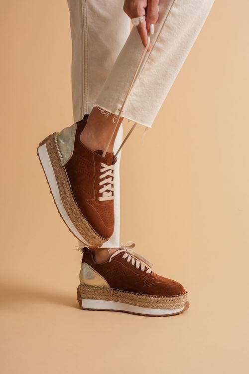 HGN01 Taba Süet & Altın Detaylı Hakiki Deri Sneaker Espadril - kopya - kopya