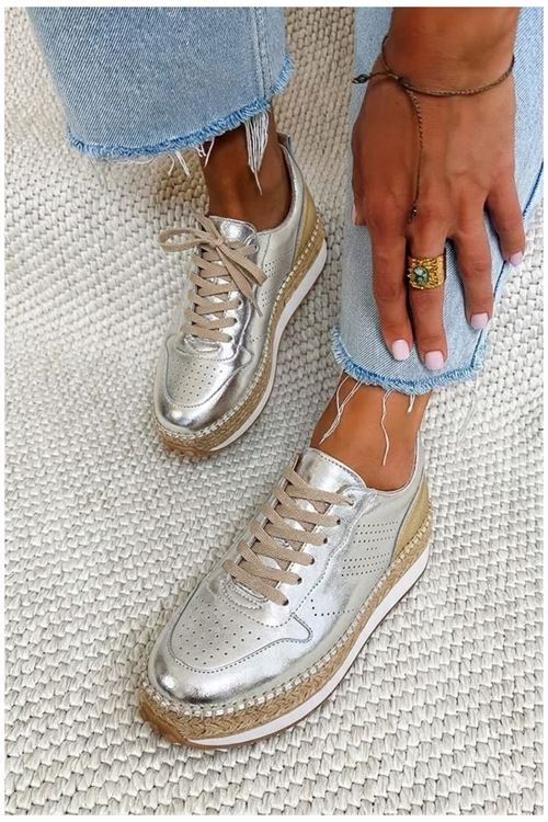 HGN01 Gümüş Hakiki Deri Sneaker Espadril 