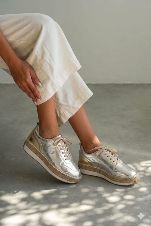 HGN01 Gümüş Hakiki Deri Sneaker Espadril  - kopya