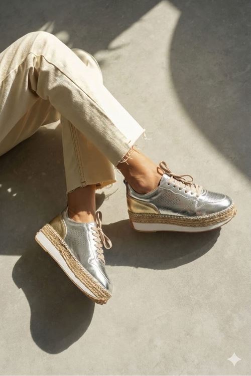 HGN01 Gümüş Hakiki Deri Sneaker Espadril  - kopya