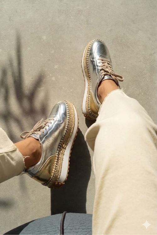 HGN01 Gümüş Hakiki Deri Sneaker Espadril  - kopya