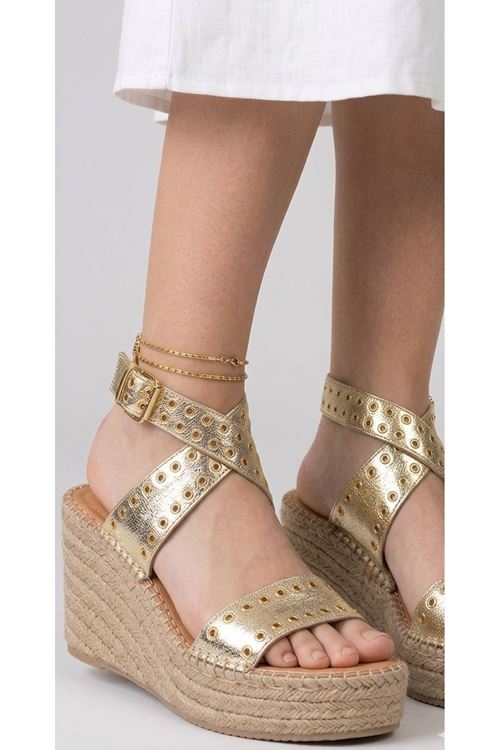 Zımbalı Altın Dolgu Topuk Kadın Espadril Sandalet