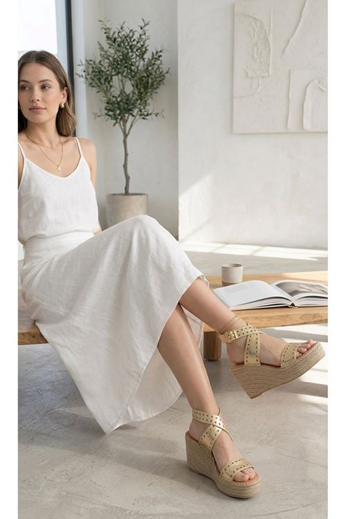 Zımbalı Altın Dolgu Topuk Kadın Espadril Sandalet