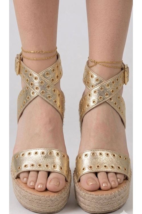 Zımbalı Altın Dolgu Topuk Kadın Espadril Sandalet