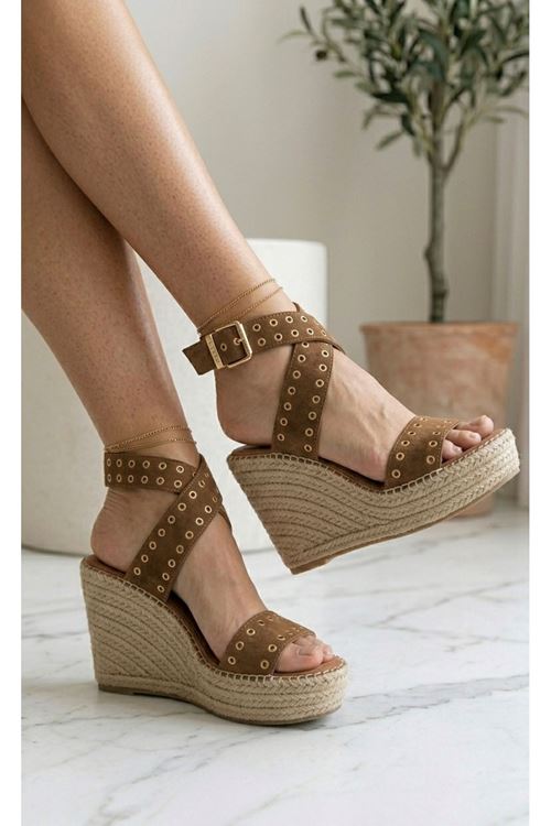 Zımbalı Süet Taba Dolgu Topuk Kadın Espadril Sandalet