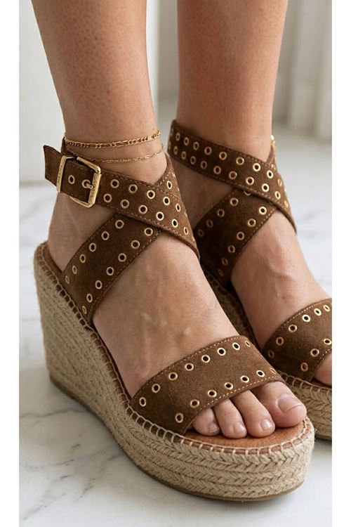 Zımbalı Süet Taba Dolgu Topuk Kadın Espadril Sandalet