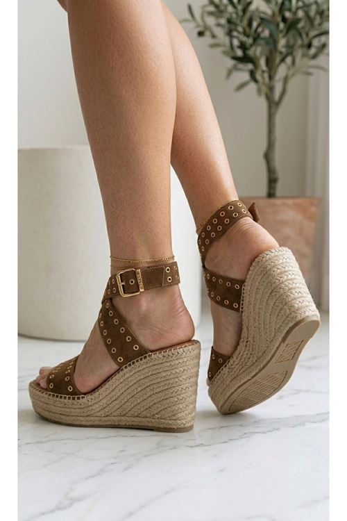 Zımbalı Süet Taba Dolgu Topuk Kadın Espadril Sandalet